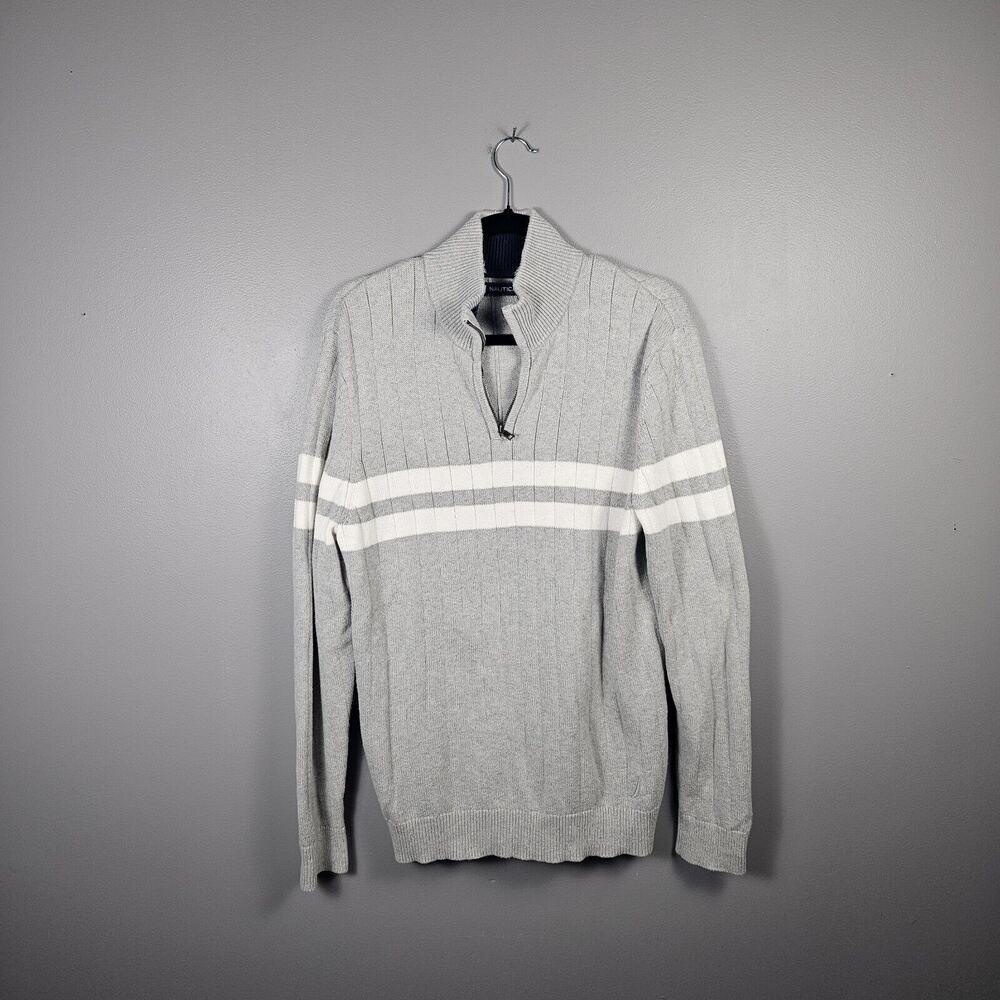Nautica 1/4‎ Zip Sweater Double Striped Ribbed Grey W/ White Men's Size L